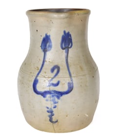 TWO-GALLON BLUE DECORATED STONEWARE PITCHER