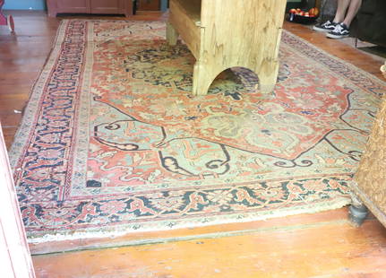 ANTIQUE HANDMADE ORIENTAL RUG: BLUE/TAN/CREAM/RED/GREEN FLORAL WITH MULTIPLE BORDERS. 135" X 95". PLEASE READ CAREFULLY &#226;&#8364;&#8220; THIS IS AN IN-PERSON & ON-LINE AUCTION. SALE IS LOCATED IN HARMONY TOWNSHIP, PHILLIPSBURG,