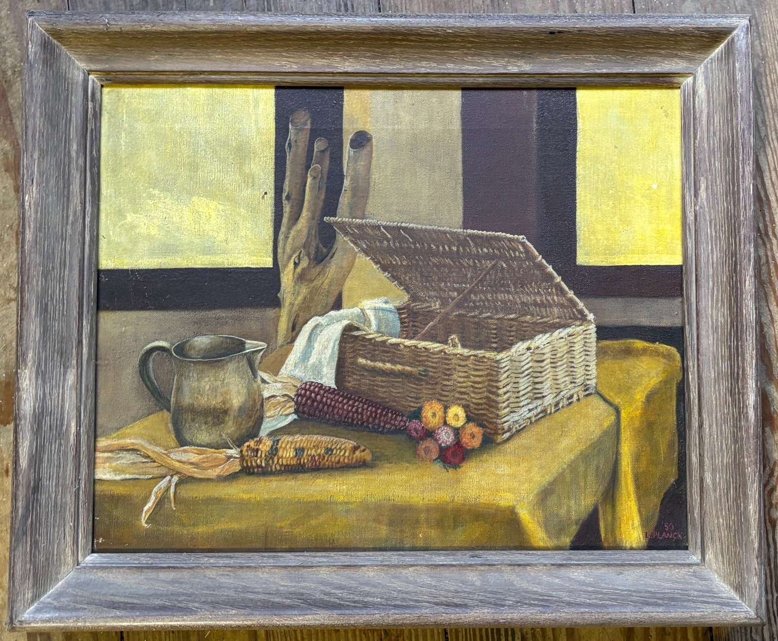 LESLIE PLANCK OIL ON CANVAS: COUNTRY STILL-LIFE. BASKET, CORN AND PITCHER ON TABLETOP. SGND/DATED BOTTOM RIGHT 1950. STAMPED ON BACK. (NAME/ADDRESS EAST ORANGE, NJ). SIGHT VIEW 15 1/2" X 19 1/2". FRAMED. PLEASE READ CAREFULLY 