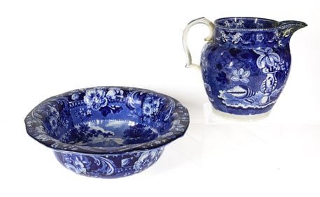 HISTORICAL BLUE TRANSFERWARE PITCHER AND BOWL