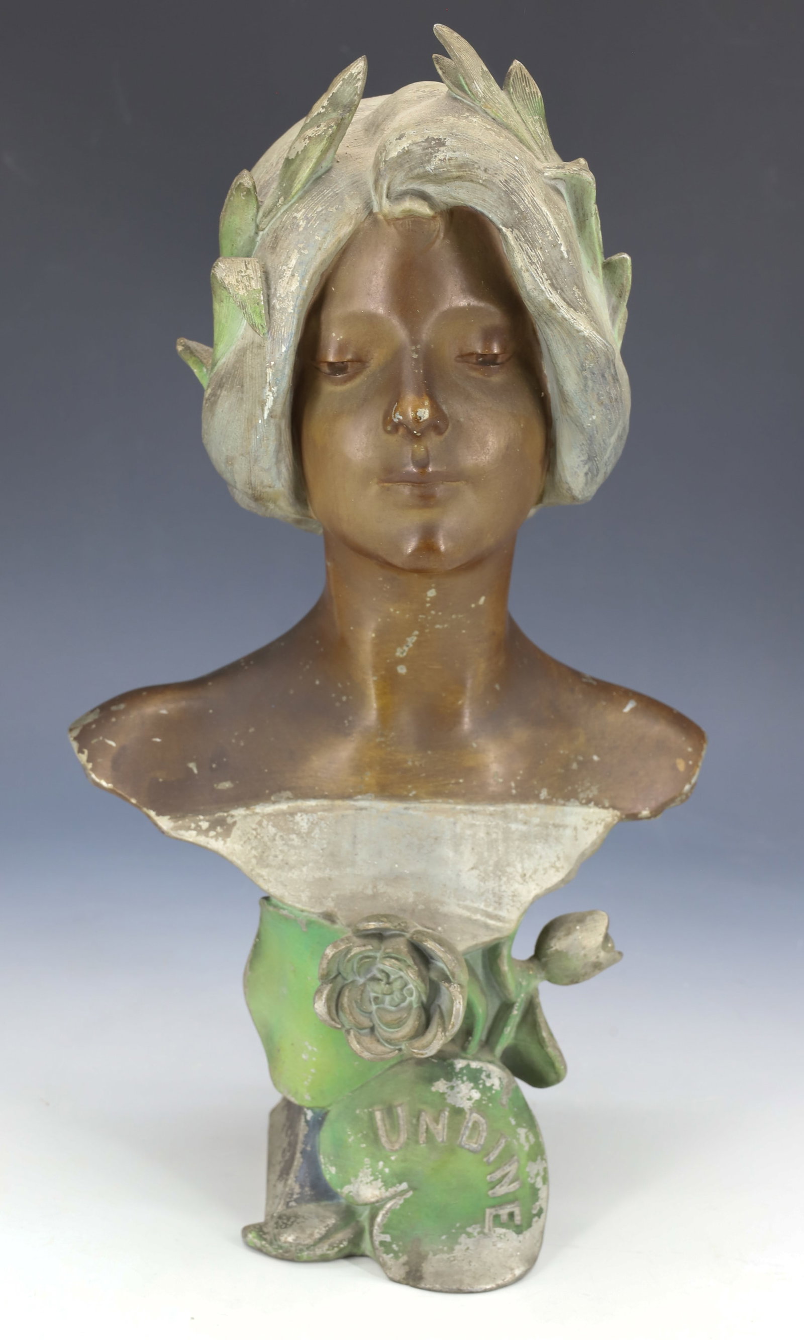ART NOUVEAU BUST OF A WOMAN: PAINTED SPELTER. TITLED "UNDINE". HEAVY WEIGHT. 13 1/4" H. PLEASE READ CAREFULLY â€“ THIS IS AN IN-PERSON & ON-LINE AUCTION. SALE IS LOCATED IN HARMONY TOWNSHIP, PHILLIPSBURG, NJ 