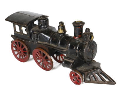 CAST IRON TRAIN LOCOMOTIVE: PAINTED BLACK/RED. UNMARKED. 9" L. PLEASE READ CAREFULLY &#226;&#8364;&#8220; THIS IS AN IN-PERSON & ON-LINE AUCTION. SALE IS LOCATED IN HARMONY TOWNSHIP, PHILLIPSBURG, NJ &#226;&#8364;&#8220; Terms f
