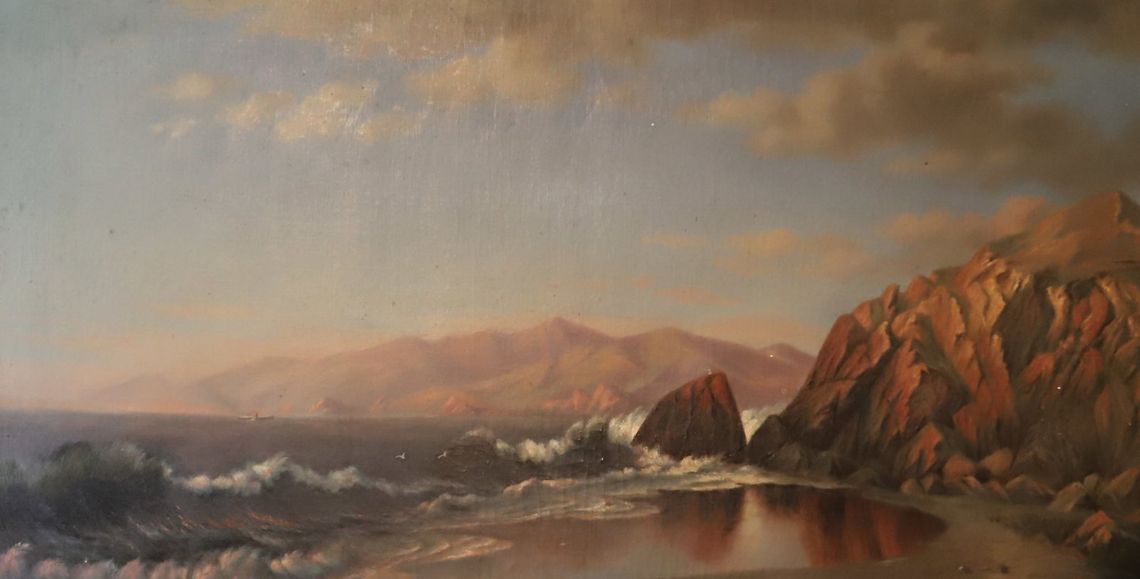 D.G. PASSMORE OIL ON CANVAS: COASTAL SCENE OF WATER BREAKING ON ROCKY. SGND. BOTTOM RIGHT. SIGHT VIEW 18 3/4" X 36". PLEASE READ CAREFULLY â€“ THIS IS AN IN-PERSON & ON-LINE AUCTION. SALE IS LOCATED IN HARMONY TO