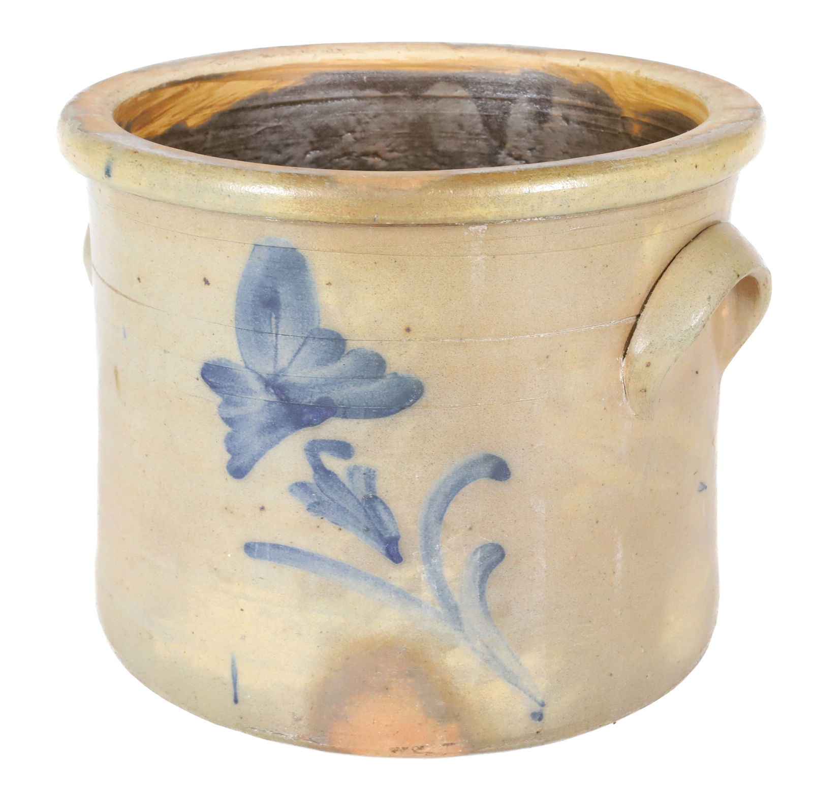 BLUE DECORATED STONEWARE CROCK: BLUE FLORAL WITH LUG HANDLES. 7" X 8 3/4". PLEASE READ CAREFULLY â€“ THIS IS AN IN-PERSON & ON-LINE AUCTION. SALE IS LOCATED IN HARMONY TOWNSHIP, PHILLIPSBURG, NJ â€“