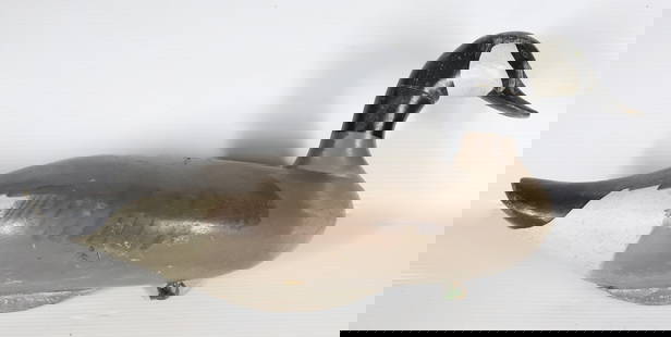 FOLK ART WOODEN GOOSE DECOY: PAINTED SURFACE WITH LEAD WEIGHT AND RING. UNSIGNED 23 1/4" L. PLEASE READ CAREFULLY – THIS IS AN IN-PERSON & ON-LINE AUCTION. SALE IS LOCATED IN HARMONY TOWNSHIP, PHILLIPSBURG, NJ