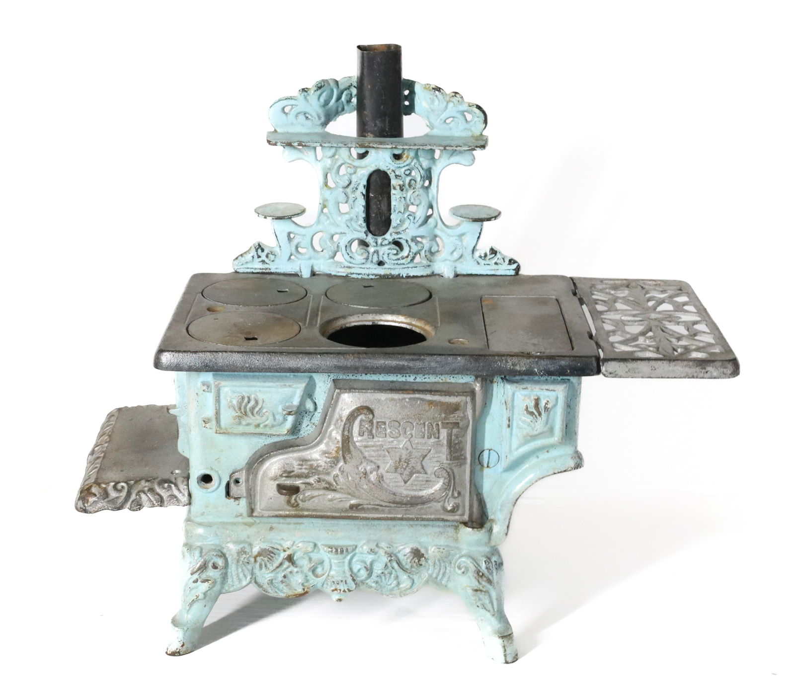 CAST IRON CRESCENT STOVE: PAINTED SURFACE. MRKD. CRESCENT ON STOVE DOOR. 11 1/4" X 13 1/2" X 6". PLEASE READ CAREFULLY â€“ THIS IS AN IN-PERSON & ON-LINE AUCTION. SALE IS LOCATED IN HARMONY TOWNSHIP, PHILLIPSB