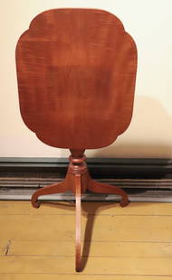 19TH C. TIGER MAPLE CANDLESTAND: SHAPELY TILT-TOP WITH TURNED URN COLUMN ON THREE LEGS. 27" X 17" X 22". PLEASE READ CAREFULLY – THIS IS AN ONSITE AND ONLY AUCTION. SALE IS LOCATED IN HARMONY TOWNSHIP, PHILLIPSBURG, NJ –