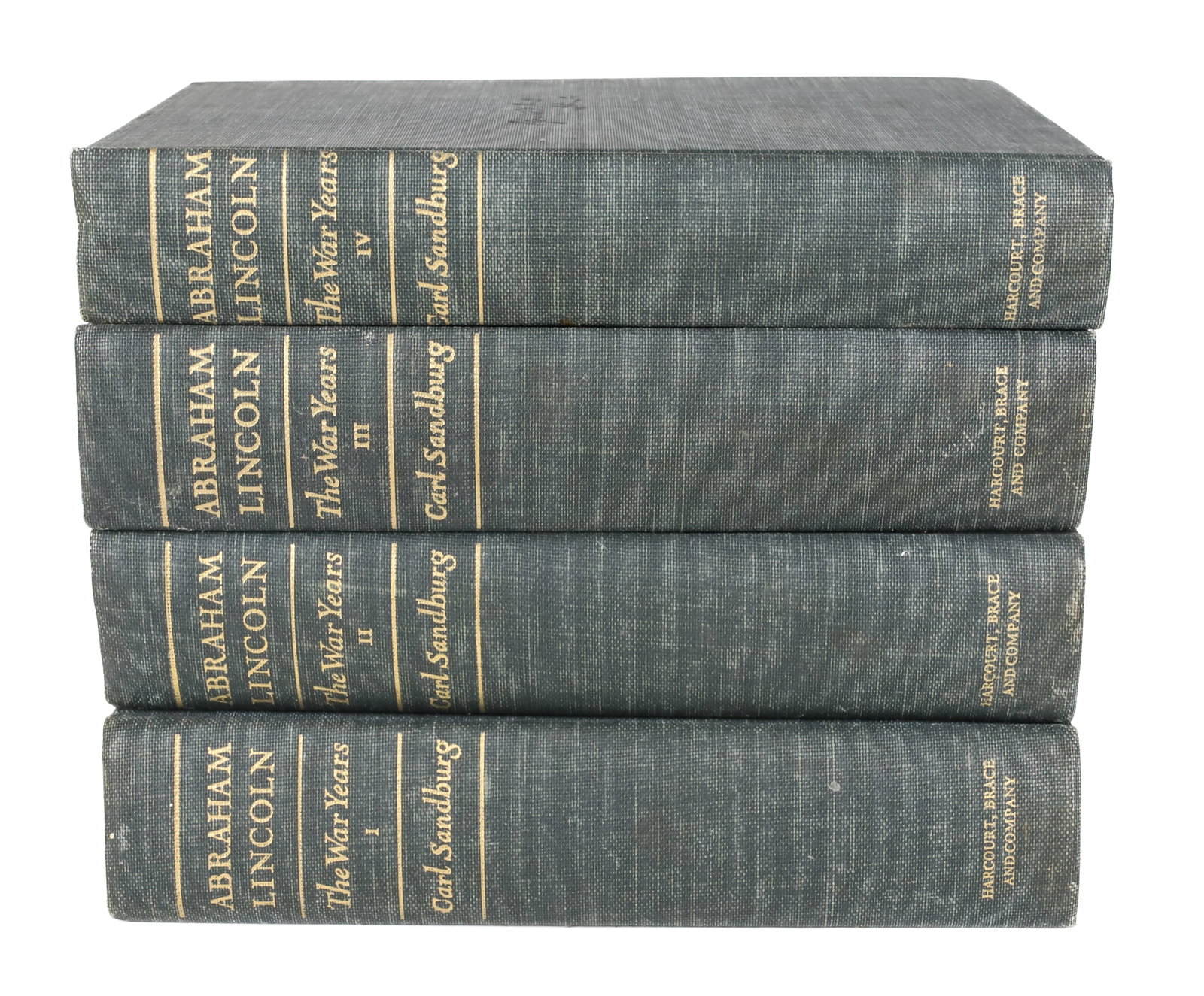FOUR-VOLUME "ABRAHAM LINCOLN, THE WAR YEARS": FOUR GREEN VOLUMES BY CARL SANDBURG 1939. PLEASE READ CAREFULLY â€“ THIS IS AN IN-PERSON & ON-LINE AUCTION. SALE IS LOCATED IN HARMONY TOWNSHIP, PHILLIPSBURG, NJ â€“ 