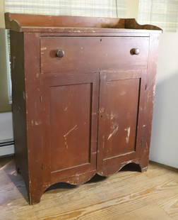 19TH C. PAINTED JAM CUPBOARD: LARGE DOVETAILED DRAWER OVER TWO SOLID DOORS WITH INTERIOR SHELF. SCALLOPED BOTTOM. 52 1/2" X 44 1/4" X 21 1/2". PLEASE READ CAREFULLY &#226;&#8364;&#8220; THIS IS AN IN-PERSON & ON-LINE AUCTION. SALE