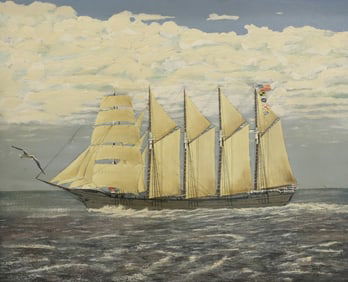 AMERICAN MASTED SAILING SHIP, OIL ON CANVAS