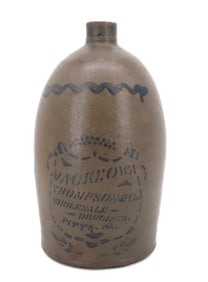 BLUE STENCILED ADVERTISING STONEWARE JUG