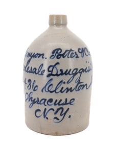 BLUE DECORATED SCRIPT JUG, SYRACUSE, NY