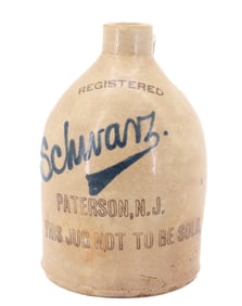 STONEWARE SCRIPT ADVERTISING JUG, PATERSON, NJ
