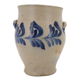 TWO-GALLON BLUE DECORATED CROCK