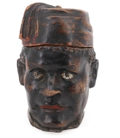 PAINTED POTTERY FIGURAL TOBACCO JAR