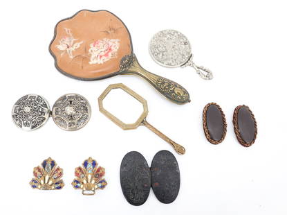 (7) ANTIQUE HAND MIRRORS AND BUCKLES: (3) HAND MIRRORS FRENCH DOUBLE MIRROR, SILVER COLOR ITALY AND BRASS COMPOSITION REVERSE WITH FLOWERS, (3) BELT BUCKLES ONE WITH CHAMPLEVE ENAMEL, CELLULOID, SILVER COLOR METAL AND PAIR OF SHOE CLIPS B