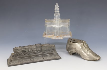 (3) ANTIQUE BANKS AND PAPERWEIGHT