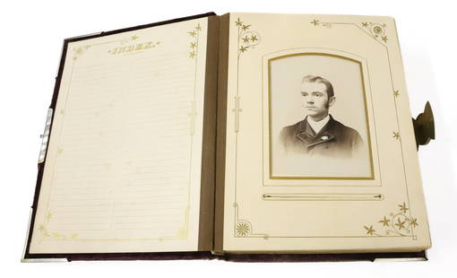 VICTORIAN PHOTO ALBUM: BURGUNDY VELVET COVERS CABINET CARDS, TINTYPES SINGLE PEOPLE, COUPLES, BROTHERS AND CHILDREN 11" X 9" PLEASE READ CAREFULLY - Terms for Purchasing and Shipping of Auction Items. Please read carefully