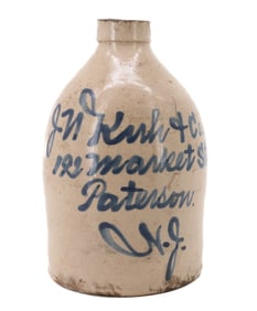 STONEWARE SCRIPT ADVERTISING JUG, PATERSON, NJ