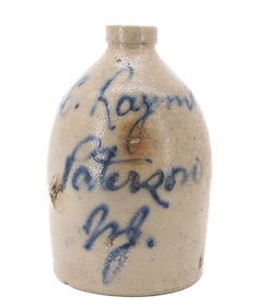 STONEWARE SCRIPT ADVERTISING JUG, PATERSON, NJ