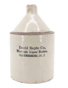 STONEWARE STENCILED ADVERTISING JUG, PATERSON, NJ
