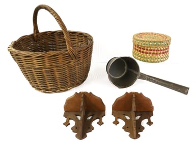 BASKETS, TIN DIPPER AND WOODEN SHELVES
