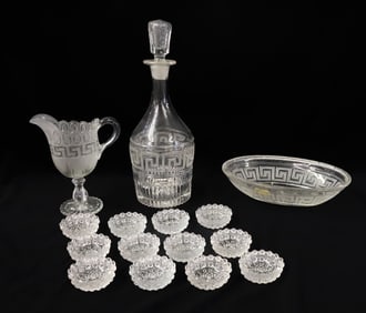 GREEK KEY DECANTER, BOWL, CREAMER AND SALTS