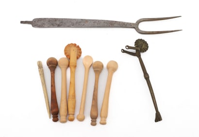 HANDWROUGHT FORK, CRIMPER AND WOODENWARE