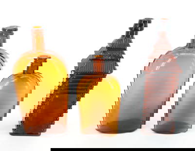ST. DRAKES BITTERS BOTTLE AND TWO FLASKS: AMBER BOTTLE WITH EMBOSSING. PATENTED 1862. WITH, TWO AMBER FLASKS 7" AND 9 1/2" HEIGHTS. PLEASE READ CAREFULLY - Terms for Purchasing and Shipping of Auction Items. Please read carefully before biddi