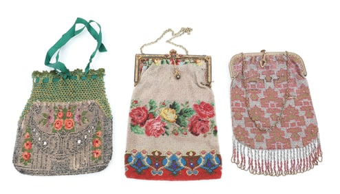 (3) GLASS AND STEEL BEAD PURSES