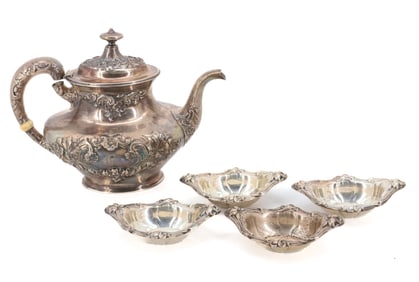 (5) STERLING SILVER TEAPOT AND NUT DISHES
