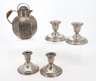 STERLING SILVER CANDLE HOLDERS AND TEAPOT