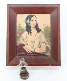 19TH C. FRAMED PRINT AND MINIATURE TIN OIL LAMP