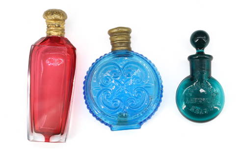 (3) ANTIQUE SCENT BOTTLES: FRENCH CASED CRANBERRY GLASS WITH POLISHED SURFACE, FRENCH ELECTRIC BLUE GLASS SCENT, AND LUSCOMBS LAVENDER SALTS TEAL GREEN GLASS WITH ORIGINAL STOPPER 2 1/2" TO 3 1/2" PLEASE READ CAREFULLY - Terms
