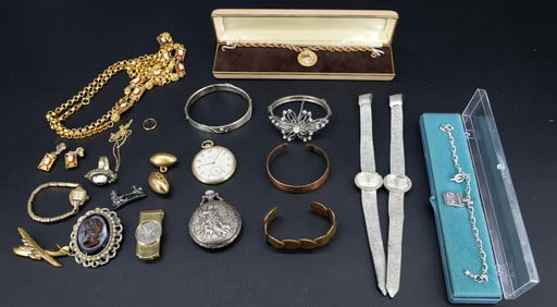 STERLING SILVER BANGLE,ELGIN WATCH TRAY LOT