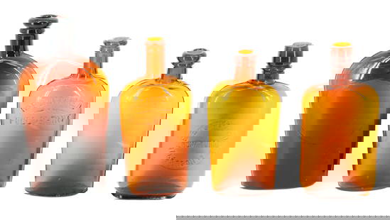 LOT OF AMBER FLASK BOTTLES: ONE EMBOSSED " E. EISING & CO. NEW YORK". 6" TO 7 1/2" HEIGHTS. PLEASE READ CAREFULLY - Terms for Purchasing and Shipping of Auction Items. Please read carefully before bidding. All payments for purch