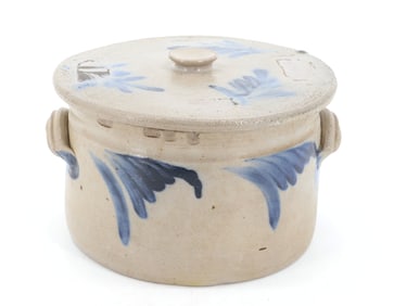 BLUE DECORATED STONEWARE CAKE CROCK