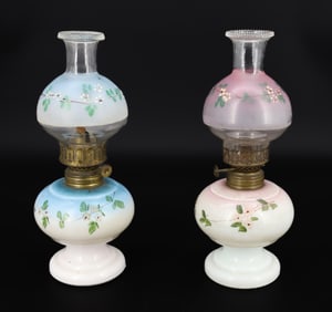 (2) BRISTOL GLASS MINIATURE OIL LAMPS