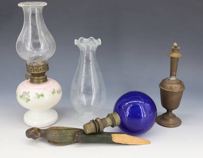 BRISTOL GLASS LAMP, JEWELERS LAMP AND MORE: FLORAL DECORATED BRISTOL GLASS 9 3/4" TOTAL HEIGHT, COBALT BLUE JEWELER'S BALL-SHAPED LIGHT, BRASS PEDESTAL LIGHT, CHIMNEY AND CARVED CANE HANDLE (AS-FOUND). PLEASE READ CAREFULLY - Terms for Purchasi