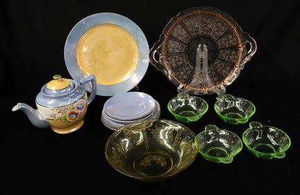 (16) DEPRESSION URANIUM GLASS AND POTTERY