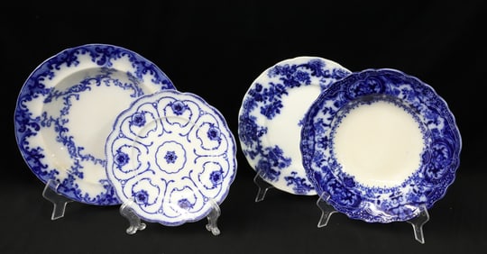 (4) FLOW BLUE DIFFERENT PATTERN PLATES