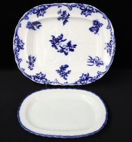 (2) FLOW BLUE AND LEEDS PLATTERS