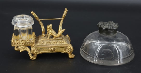 ANTIQUE GILT FOX INKWELL