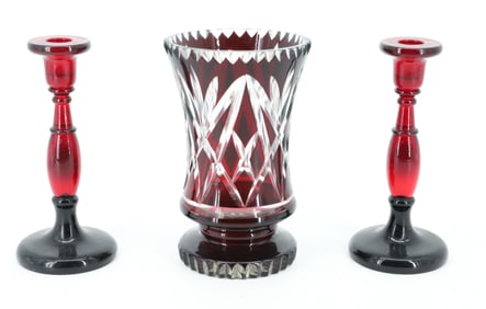 BOHEMIAN VASE AND TWO CANDLESTICKS