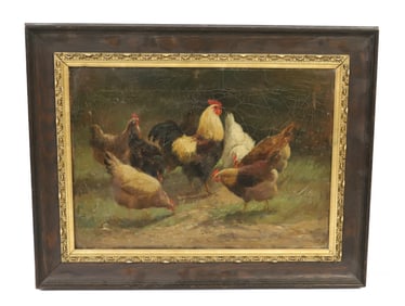 ROOSTERS AND CHICKENS, OIL ON CANVAS