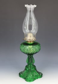 GREEN PATTERN GLASS KEROSENE LAMP