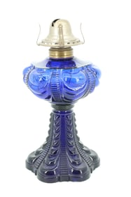 COBALT PATTERN GLASS KEROSENE LAMP.