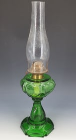 GREEN PATTERN GLASS KEROSENE LAMP, HEARTS