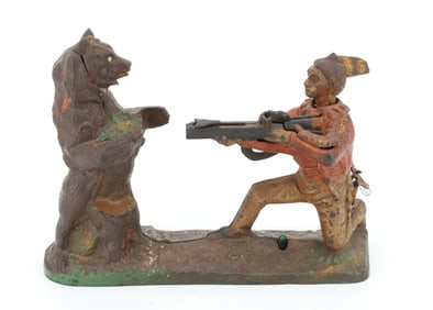 CAST IRON INDIAN SHOOTING BEAR MECHANICAL BANK