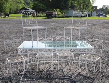 VINTAGE WROUGHT IRON PATIO TABLE AND CHAIRS